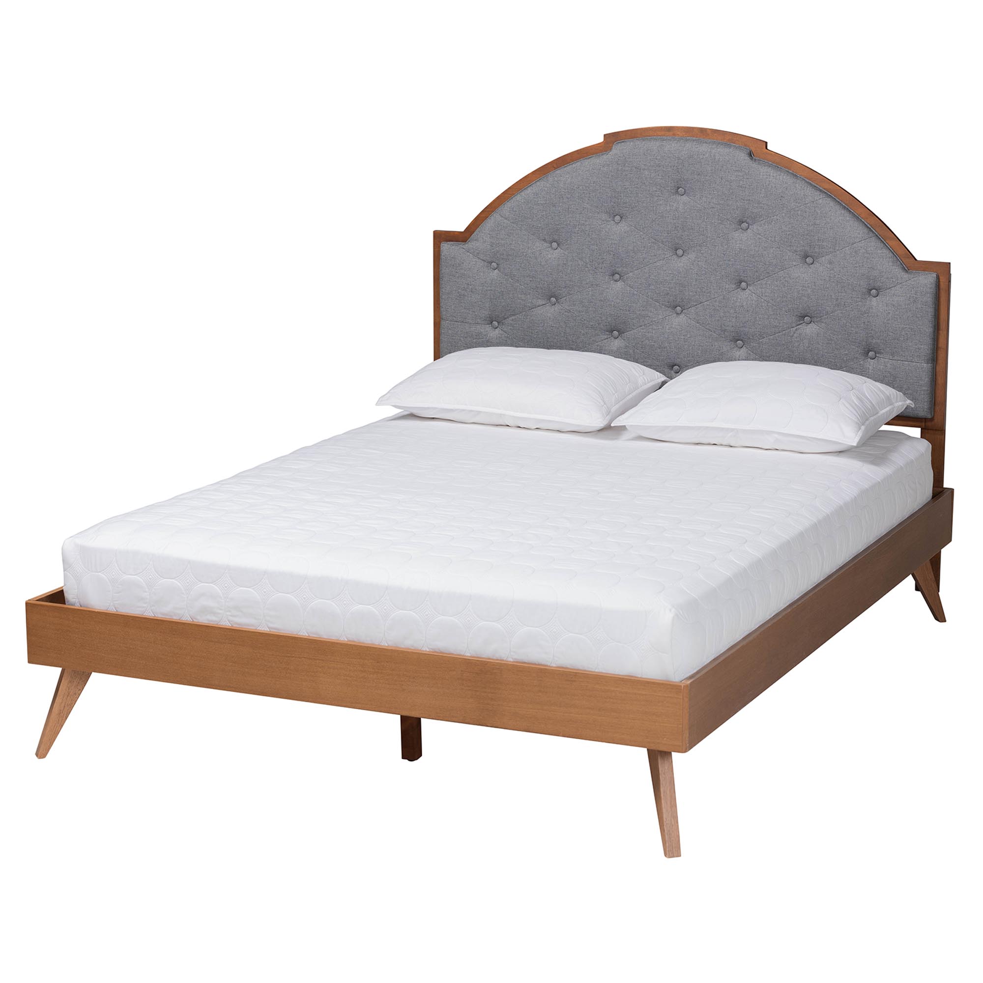 Baxton Studio Blanchard Mid-Century Modern Grey Fabric and Walnut Brown Wood Queen Size Platform Bed